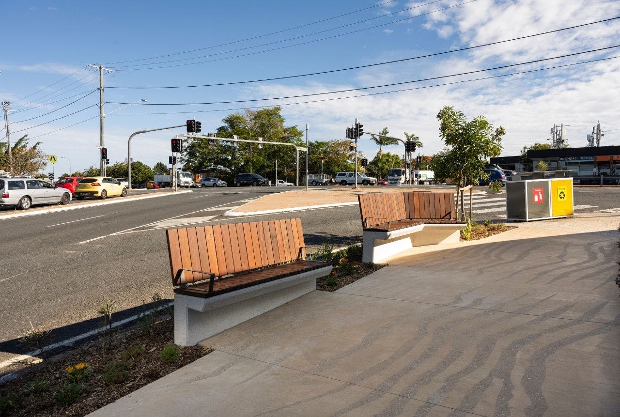 Seating node at Stanworth Road with unique seating and creative pavement finish