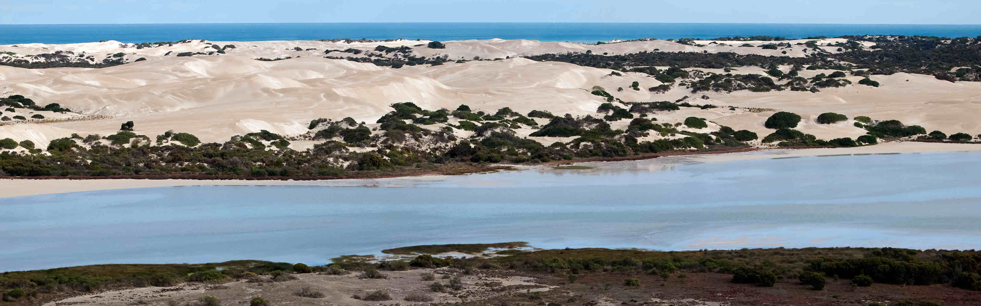 Lake Newland with scrub in the foreground and sand hills in the background.