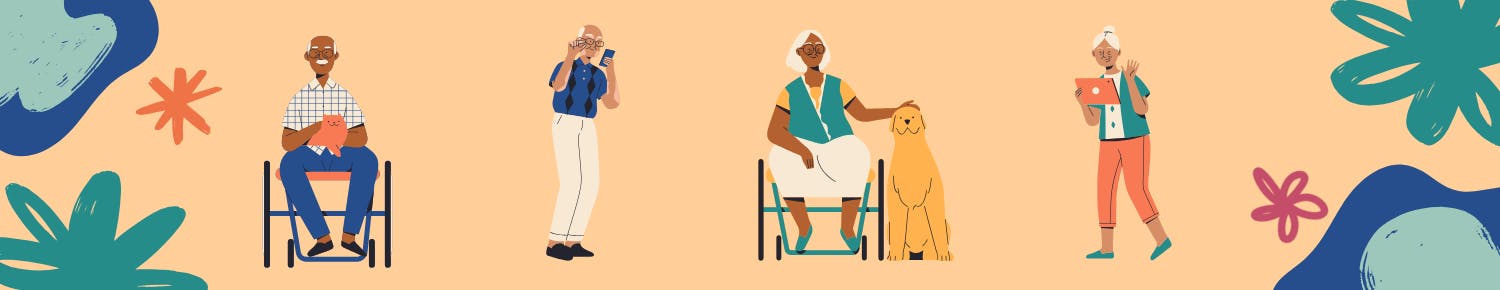 Pictures of active older people with their pets or looking at mobile devices