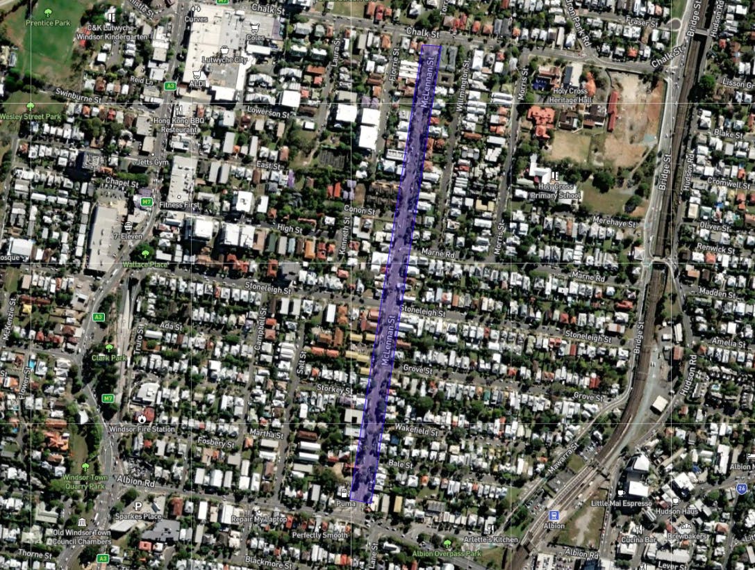 McLennan Street and its surrounding streets shown in a satellite image. McLennan Street is highlighted.  The highlighted area excludes the intersections of  Chalk Street and Albion Road.