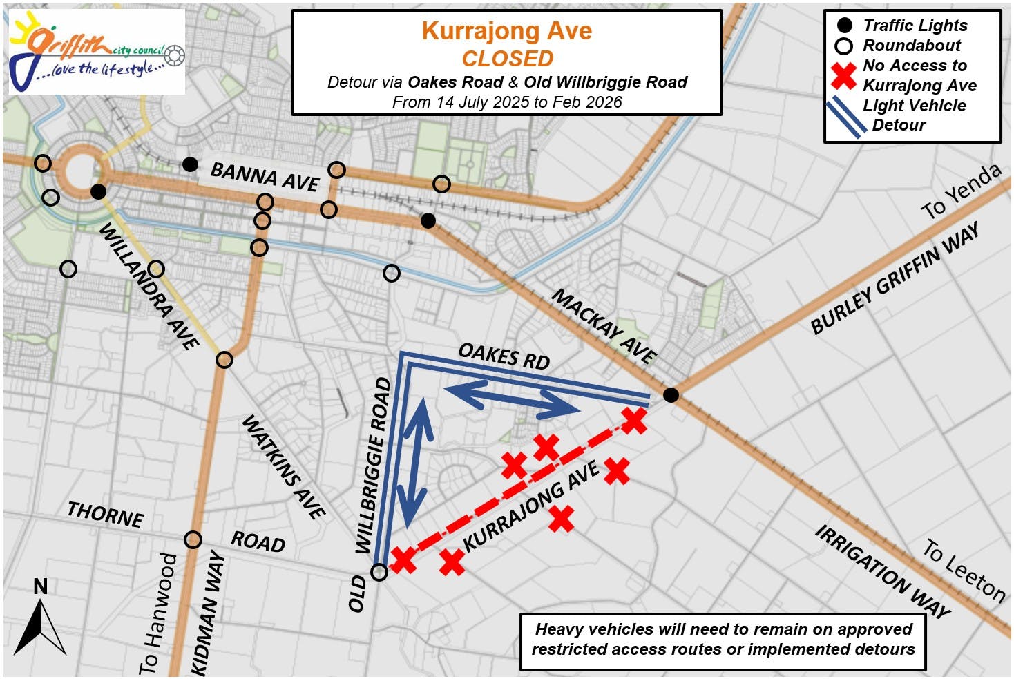 Kurrajong Avenue detour via Oakes and Old Willbriggie Roads