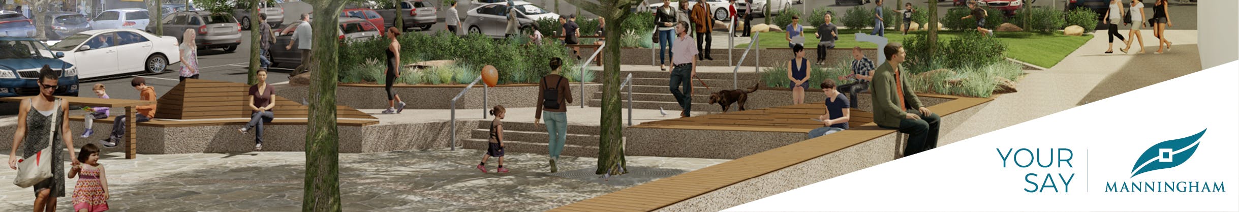 Macedon Square Streetscape Upgrade showing open paved space and people walkiing with shaded area and t=steps down from the car park. 