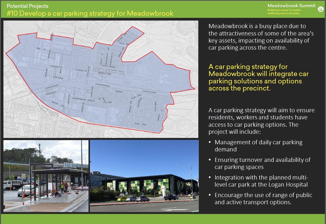 10 Develop a car parking strategy for Meadowbrook