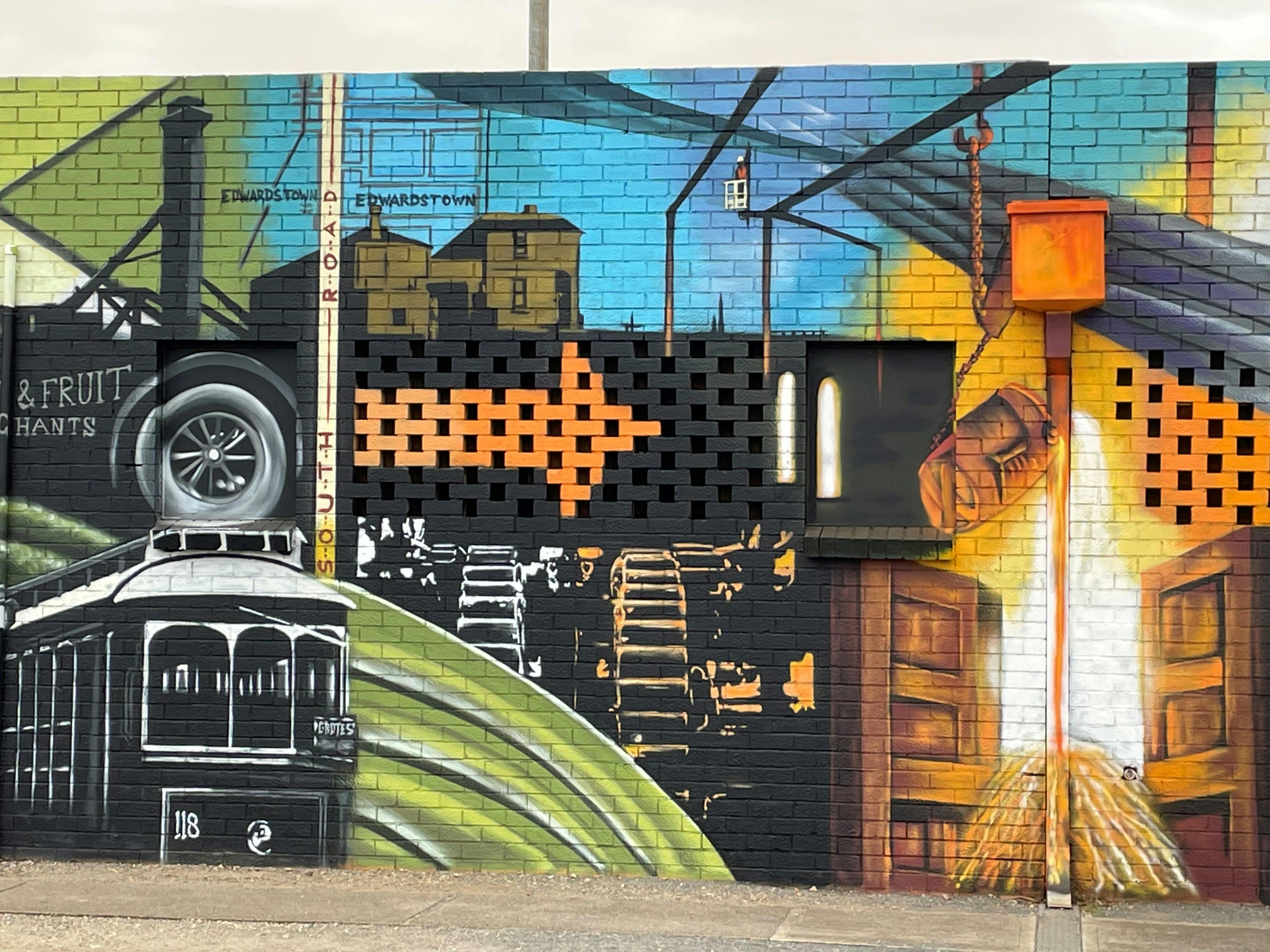 "Industrial Heritage of Edwardstown mural" 2021 by Senman Creations. Commissioned by City of Marion