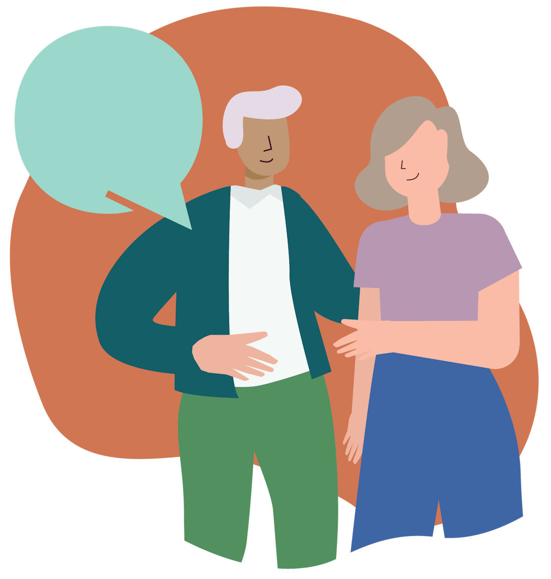 Cartoon illustration of two people talking