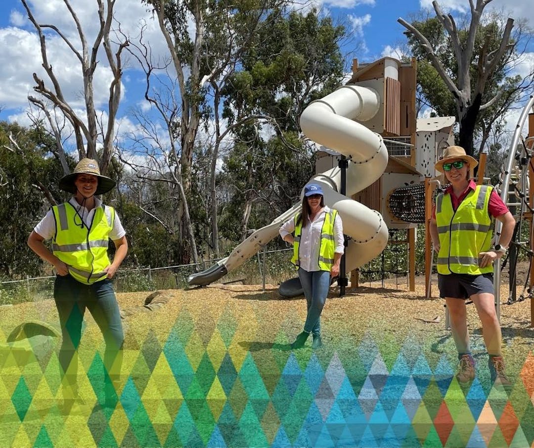 Staff in high vis on the site of the new play space in Lobethal Bushland Park