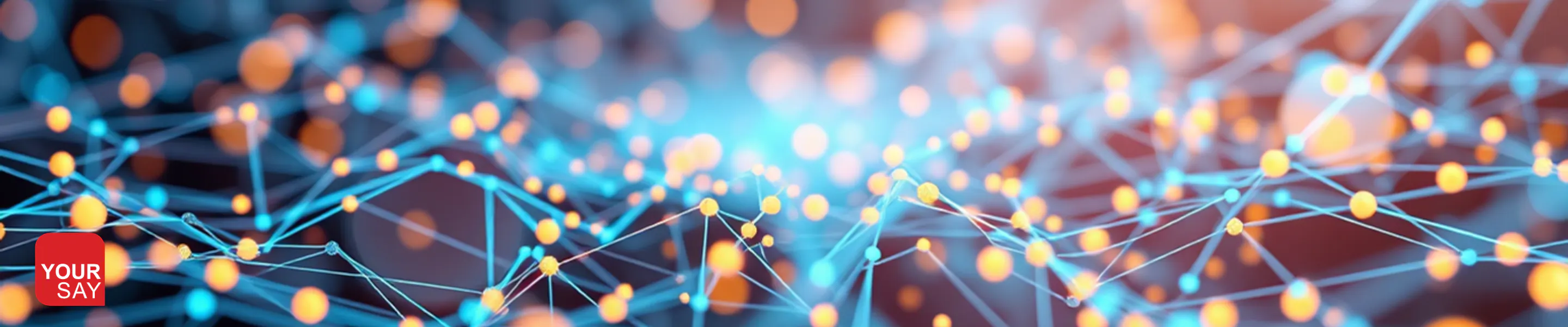 A blue and black background with orange nodes connected by blue lines. The Your Say logo is in the left bottom corner.