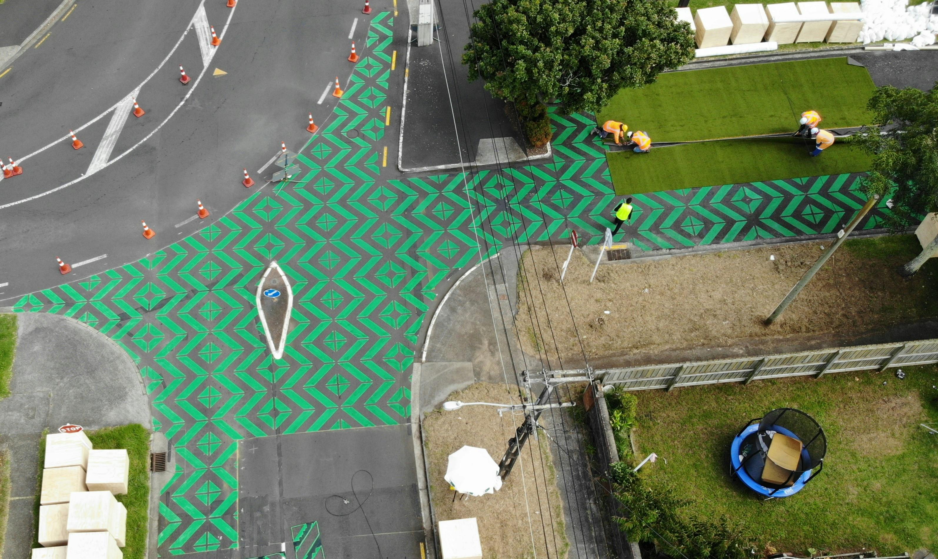 Aerial image of Arthur and Galway streets during install